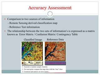 Accuracy Assessment
 Comparison to two sources of information
- Remote Sensing derived classification map
- Reference Test information
 The relationship between the two sets of information’s is expressed as a matrix
known as Error Matrix / Confusion Matrix/ Contingency Table
Classified Image Reference Data
 