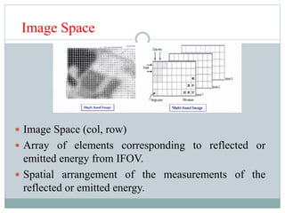 Image Space
 Image Space (col, row)
 Array of elements corresponding to reflected or
emitted energy from IFOV.
 Spatial arrangement of the measurements of the
reflected or emitted energy.
 