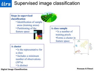 Supervised image classification Steps in supervised classification   Identification of sample  areas (training areas) Partitioning of the feature space A class sample Is a number of training pixels Forms a cluster in feature space A cluster   Is the representative for a class Includes a minimum number of observations (30*n) Is distinct 