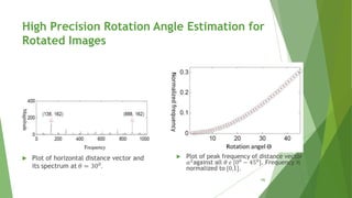  Plot of horizontal distance vector and
its spectrum at 𝜃 = 300.
 Plot of peak frequency of distance vector
𝛼2
against all 𝜃 𝜖 [00
− 450
]. Frequency is
normalized to [0,1].
High Precision Rotation Angle Estimation for
Rotated Images
16
 