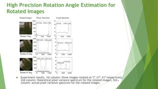  Experiment results. 1st column: three images rotated at 50
, 250
, 450
respectively;
2nd column: theoretical pixel variance spectrum for the rotated images; 3rd
column: actual pixel variance spectrum for the rotated images.
High Precision Rotation Angle Estimation for
Rotated Images
19
 