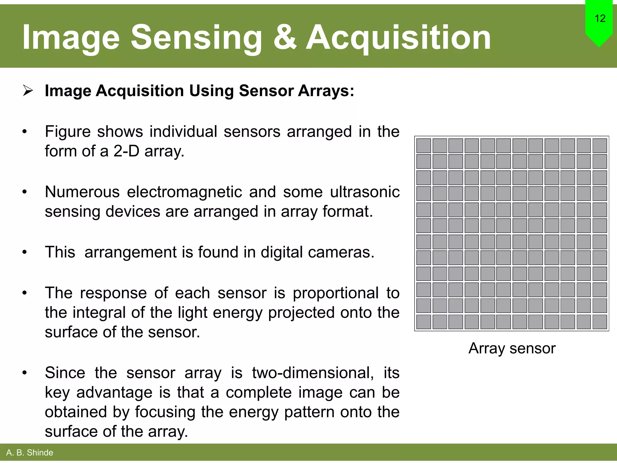 A. B. Shinde
Image Sensing & Acquisition
12
Array sensor
 Image Acquisition Using Sensor Arrays:
• Figure shows individual sensors arranged in the
form of a 2-D array.
• Numerous electromagnetic and some ultrasonic
sensing devices are arranged in array format.
• This arrangement is found in digital cameras.
• The response of each sensor is proportional to
the integral of the light energy projected onto the
surface of the sensor.
• Since the sensor array is two-dimensional, its
key advantage is that a complete image can be
obtained by focusing the energy pattern onto the
surface of the array.
 