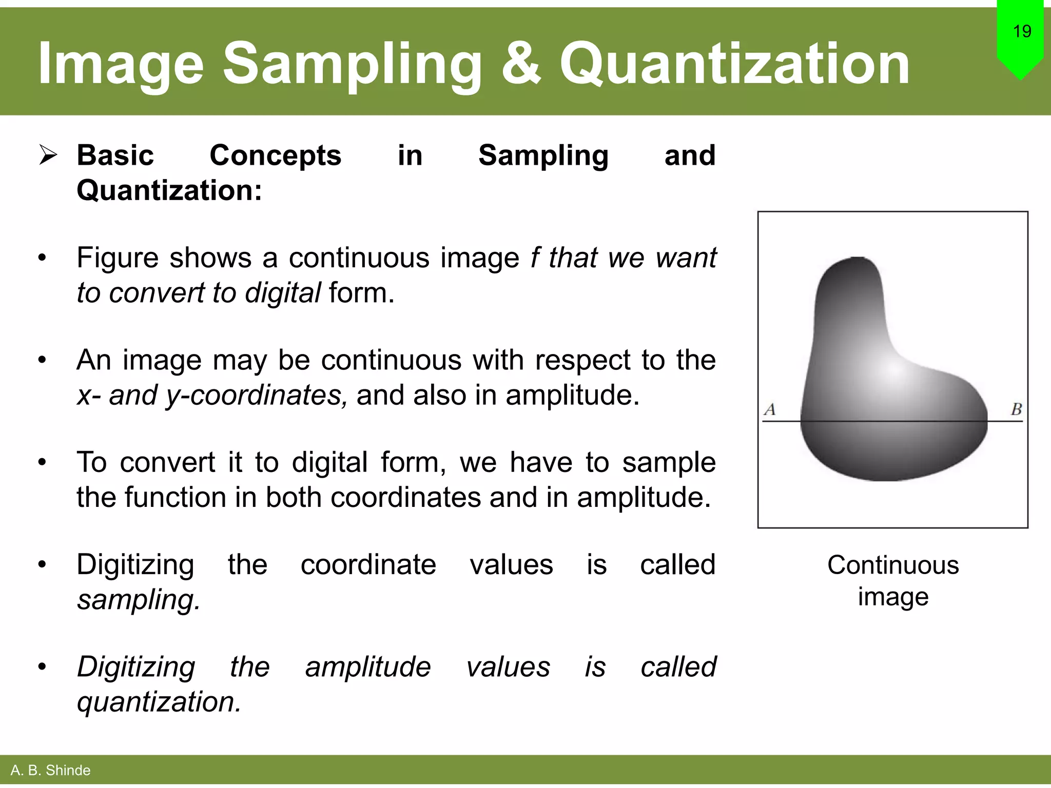 A. B. Shinde
Image Sampling & Quantization
 Basic Concepts in Sampling and
Quantization:
• Figure shows a continuous image f that we want
to convert to digital form.
• An image may be continuous with respect to the
x- and y-coordinates, and also in amplitude.
• To convert it to digital form, we have to sample
the function in both coordinates and in amplitude.
• Digitizing the coordinate values is called
sampling.
• Digitizing the amplitude values is called
quantization.
19
Continuous
image
 