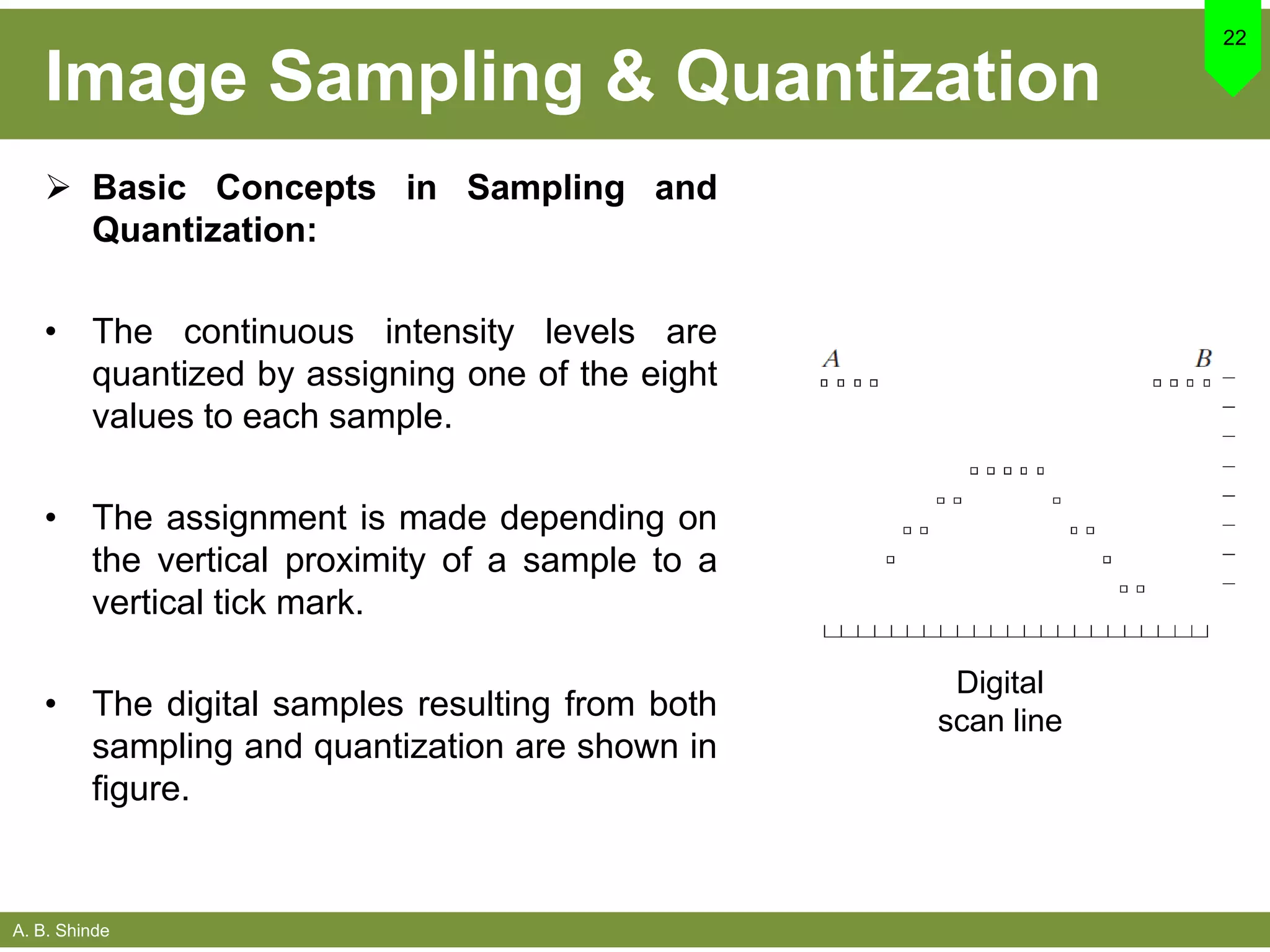 A. B. Shinde
Image Sampling & Quantization
 Basic Concepts in Sampling and
Quantization:
• The continuous intensity levels are
quantized by assigning one of the eight
values to each sample.
• The assignment is made depending on
the vertical proximity of a sample to a
vertical tick mark.
• The digital samples resulting from both
sampling and quantization are shown in
figure.
22
Digital
scan line
 