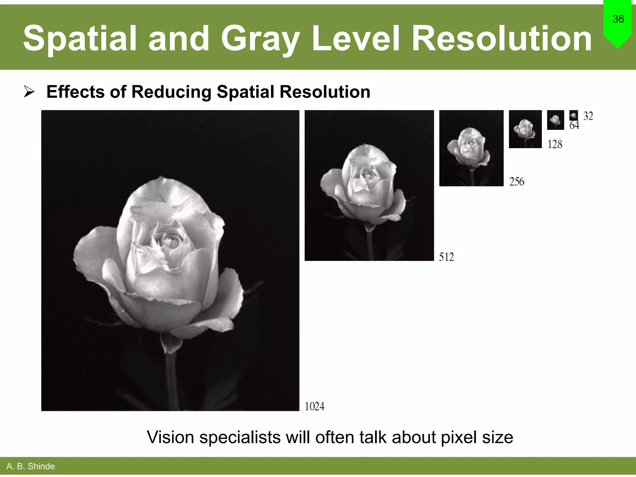 A. B. Shinde
Spatial and Gray Level Resolution
36
 Effects of Reducing Spatial Resolution
Vision specialists will often talk about pixel size
 