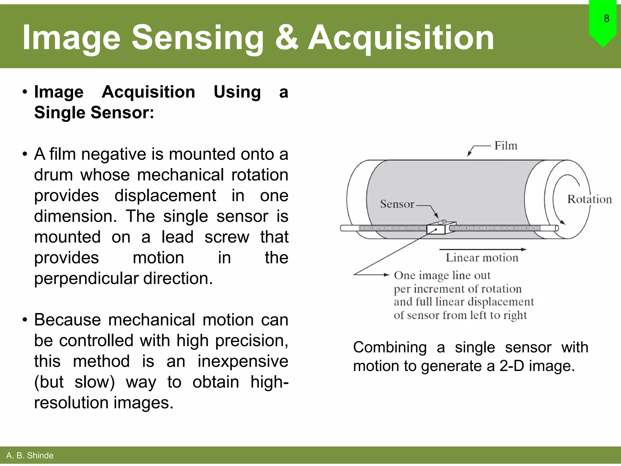 A. B. Shinde
Image Sensing & Acquisition
8
• Image Acquisition Using a
Single Sensor:
• A film negative is mounted onto a
drum whose mechanical rotation
provides displacement in one
dimension. The single sensor is
mounted on a lead screw that
provides motion in the
perpendicular direction.
• Because mechanical motion can
be controlled with high precision,
this method is an inexpensive
(but slow) way to obtain high-
resolution images.
Combining a single sensor with
motion to generate a 2-D image.
 