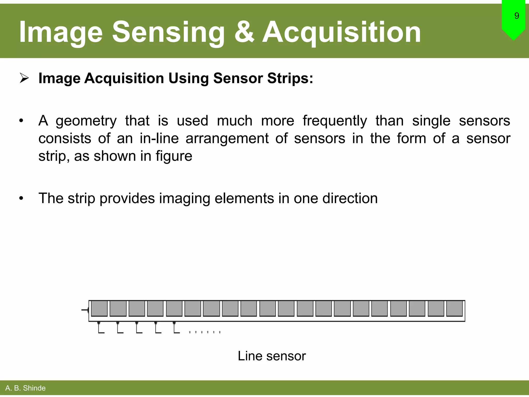 A. B. Shinde
Image Sensing & Acquisition
9
Line sensor
 Image Acquisition Using Sensor Strips:
• A geometry that is used much more frequently than single sensors
consists of an in-line arrangement of sensors in the form of a sensor
strip, as shown in figure
• The strip provides imaging elements in one direction
 