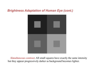 Brightness Adaptation of Human Eye (cont.)
Simultaneous contrast. All small squares have exactly the same intensity
but they appear progressively darker as background becomes lighter.
 