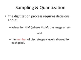 Sampling & Quantization
• The digitization process requires decisions
about:
– values for N,M (where N x M: the image array)
and
– the number of discrete gray levels allowed for
each pixel.
 