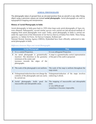 AERIAL PHOTOGRAPH
The photographs taken of ground from an elevated position from an aircraft or any other flying
object using a precision camera are termed aerial photographs. Aerial photographs are used in
topographical mapping and interpretation.
History of Aerial Photography in India
Aerial photography in India goes back to 1920 when large-scale aerial photographs of Agra city
were obtained. Subsequently, several similar surveys were carried out and advanced methods of
mapping from aerial photographs were used. Today, aerial photography in India is carried out
under the supervision of the Directorate of Air Survey (Survey of India) New Delhi. Three flying
agencies, i.e. Indian Air Force, Air Survey Company, Kolkata and
National Remote Sensing Agency (NRSA), Hyderabad have been officially authorized to take
aerial photographs in India.
Difference between Maps and Aerial Photographs
Aerial Photograph Map
1 It is a central Projection. It is an orthogonal Projection.
2 An aerial photograph is geometrically
incorrect. The distortion in the geometry
minimum at the centre and
increases towards the edges of the
photographs.
A map is a geometrically correct representation
of the part of the earth is projected.
3 The scale of the photograph is not uniform. The scale of the map is uniform throughout the
map extent.
4 Enlargement/reduction does not change the
contents of the photographs and can easily
be carried out.
Enlargement/reduction of the maps involves
redrawing it afresh.
5 Aerial photography holds good for
inaccessible and inhospitable areas.
The mapping of inaccessible and inhospitable
areas
is very difficult and
sometimes it becomes impossible.
 