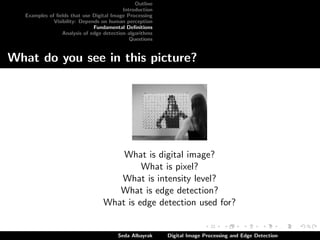 Outline
Introduction
Examples of ﬁelds that use Digital Image Processing
Visibility: Depends on human perception
Fundamental Deﬁnitions
Analysis of edge detection algorithms
Questions

What do you see in this picture?

What is digital image?
What is pixel?
What is intensity level?
What is edge detection?
What is edge detection used for?

Seda Albayrak

Digital Image Processing and Edge Detection

 