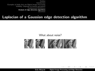 Outline
Introduction
Examples of ﬁelds that use Digital Image Processing
Visibility: Depends on human perception
Fundamental Deﬁnitions
Analysis of edge detection algorithms
Questions

Laplacian of a Gaussian edge detection algorithm

What about noise?

Seda Albayrak

Digital Image Processing and Edge Detection

 