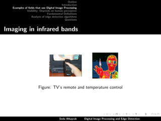 Outline
Introduction
Examples of ﬁelds that use Digital Image Processing
Visibility: Depends on human perception
Fundamental Deﬁnitions
Analysis of edge detection algorithms
Questions

Imaging in infrared bands

Figure: TV’s remote and temperature control

Seda Albayrak

Digital Image Processing and Edge Detection

 