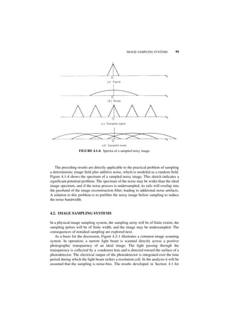 IMAGE SAMPLING SYSTEMS           99




                   FIGURE 4.1-4. Spectra of a sampled noisy image.



   The preceding results are directly applicable to the practical problem of sampling
a deterministic image field plus additive noise, which is modeled as a random field.
Figure 4.1-4 shows the spectrum of a sampled noisy image. This sketch indicates a
significant potential problem. The spectrum of the noise may be wider than the ideal
image spectrum, and if the noise process is undersampled, its tails will overlap into
the passband of the image reconstruction filter, leading to additional noise artifacts.
A solution to this problem is to prefilter the noisy image before sampling to reduce
the noise bandwidth.


4.2. IMAGE SAMPLING SYSTEMS

In a physical image sampling system, the sampling array will be of finite extent, the
sampling pulses will be of finite width, and the image may be undersampled. The
consequences of nonideal sampling are explored next.
   As a basis for the discussion, Figure 4.2-1 illustrates a common image scanning
system. In operation, a narrow light beam is scanned directly across a positive
photographic transparency of an ideal image. The light passing through the
transparency is collected by a condenser lens and is directed toward the surface of a
photodetector. The electrical output of the photodetector is integrated over the time
period during which the light beam strikes a resolution cell. In the analysis it will be
assumed that the sampling is noise-free. The results developed in Section 4.1 for
 