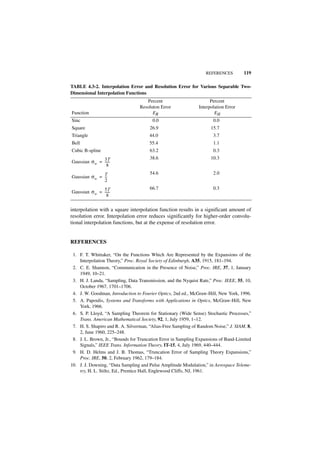 REFERENCES         119

TABLE 4.3-2. Interpolation Error and Resolution Error for Various Separable Two-
Dimensional Interpolation Functions
                                     Percent                         Percent
                                  Resoluton Error              Interpolation Error
Function                                ER                             EH
Sinc                                    0.0                           0.0
Square                                 26.9                          15.7
Triangle                              44.0                            3.7
Bell                                  55.4                            1.1
Cubic B-spline                         63.2                           0.3
               3T                      38.6                          10.3
Gaussian σ w = -----
                   -
                 8
                                       54.6                           2.0
Gaussian σ w = T
               --
                -
               2
               5T                      66.7                           0.3
Gaussian σ w = -----
                   -
                 8

interpolation with a square interpolation function results in a significant amount of
resolution error. Interpolation error reduces significantly for higher-order convolu-
tional interpolation functions, but at the expense of resolution error.


REFERENCES

 1. F. T. Whittaker, “On the Functions Which Are Represented by the Expansions of the
    Interpolation Theory,” Proc. Royal Society of Edinburgh, A35, 1915, 181–194.
 2. C. E. Shannon, “Communication in the Presence of Noise,” Proc. IRE, 37, 1, January
    1949, 10–21.
 3. H. J. Landa, “Sampling, Data Transmission, and the Nyquist Rate,” Proc. IEEE, 55, 10,
    October 1967, 1701–1706.
 4. J. W. Goodman, Introduction to Fourier Optics, 2nd ed., McGraw-Hill, New York, 1996.
 5. A. Papoulis, Systems and Transforms with Applications in Optics, McGraw-Hill, New
    York, 1966.
 6. S. P. Lloyd, “A Sampling Theorem for Stationary (Wide Sense) Stochastic Processes,”
    Trans. American Mathematical Society, 92, 1, July 1959, 1–12.
 7. H. S. Shapiro and R. A. Silverman, “Alias-Free Sampling of Random Noise,” J. SIAM, 8,
    2, June 1960, 225–248.
 8. J. L. Brown, Jr., “Bounds for Truncation Error in Sampling Expansions of Band-Limited
    Signals,” IEEE Trans. Information Theory, IT-15, 4, July 1969, 440–444.
 9. H. D. Helms and J. B. Thomas, “Truncation Error of Sampling Theory Expansions,”
    Proc. IRE, 50, 2, February 1962, 179–184.
10. J. J. Downing, “Data Sampling and Pulse Amplitude Modulation,” in Aerospace Teleme-
    try, H. L. Stiltz, Ed., Prentice Hall, Englewood Cliffs, NJ, 1961.
 