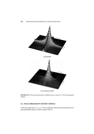 132      DISCRETE IMAGE MATHEMATICAL CHARACTERIZATION




                                                             u




                                                                     v
                                      (a) Separable




                                                              u
                                                                    v




                                 (b) Circularly symmetric


FIGURE 5.3-3. Power spectral densities of Markov process sources; N = 256, log magnitude
displays.



5.4. IMAGE PROBABILITY DENSITY MODELS

A discrete image array F ( n1, n 2 ) can be completely characterized statistically by its
joint probability density, written in matrix form as
 