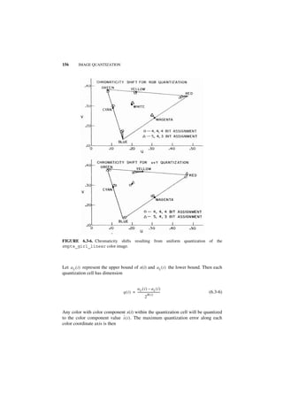 156     IMAGE QUANTIZATION




FIGURE 6.3-6. Chromaticity shifts resulting from uniform quantization of the
smpte_girl_linear color image.



Let a U ( i ) represent the upper bound of x(i) and a L ( i ) the lower bound. Then each
quantization cell has dimension


                                           aU ( i ) – aL ( i )
                                 q ( i ) = -------------------------------
                                                                         -      (6.3-6)
                                                         B(i)
                                                     2


Any color with color component x(i) within the quantization cell will be quantized
                              ˆ
to the color component value x ( i ) . The maximum quantization error along each
color coordinate axis is then
 