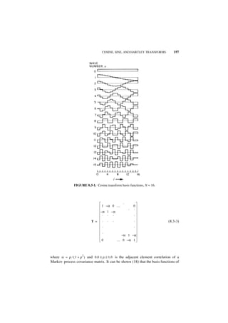 COSINE, SINE, AND HARTLEY TRANSFORMS        197




               FIGURE 8.3-1. Cosine transform basis functions, N = 16.




                                                ·
                                 1 –α 0 …               0
                                                    ·   ·
                                –α 1 –α
                                 · · ·                  ·
                          T =     ·   ·   ·             ·                  (8.3-3)
                                  ·                     ·
                                  ·
                                                –α 1 –α
                                 0            … 0 –α 1



                    2
where α = ρ ⁄ ( 1 + ρ ) and 0.0 ≤ ρ ≤ 1.0 is the adjacent element correlation of a
Markov process covariance matrix. It can be shown (18) that the basis functions of
 