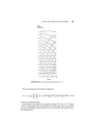 COSINE, SINE, AND HARTLEY TRANSFORMS                                                 199




                        FIGURE 8.3-3. Sine transform basis functions, N = 15.



  The two-dimensional sine transform is defined as


                              N–1 N–1
                    2                                        ( j + 1 ) ( u + 1 )π               ( k + 1 ) ( v + 1 )π 
  F ( u, v ) = ------------
               N+1
                          -   ∑ ∑ F ( j, k ) sin  ------------------------------------- 
                                                              N+1
                                                                                       -
                                                                                         
                                                                                             sin  -------------------------------------  (8.3-6)
                                                                                                              N+1                       
                              j=0 k=0


Its inverse is of identical form.
    Sine transform basis functions are plotted in Figure 8.3-3 for N = 15. Figure
8.3-2b is a photograph of the sine transform of the test image. The sine transform
can also be computed directly from Eq. 8.3-10, or efficiently with a Fourier trans-
form algorithm (17).
 