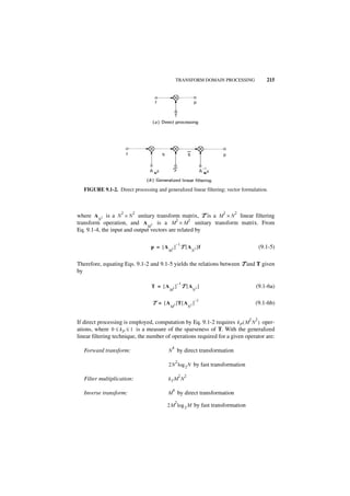 TRANSFORM DOMAIN PROCESSING             215




   FIGURE 9.1-2. Direct processing and generalized linear filtering; vector formulation.



                    2    2                                                    2   2
where A 2 is a N × N unitary transform matrix, T is a M × N linear filtering
         N                                 2     2
transform operation, and A 2 is a M × M unitary transform matrix. From
                              M
Eq. 9.1-4, the input and output vectors are related by

                                                       –1
                                  p = [A       2   ] T [ A 2 ]f                             (9.1-5)
                                           M                         N


Therefore, equating Eqs. 9.1-2 and 9.1-5 yields the relations between T and T given
by

                                                       –1
                                  T = [A       2   ] T [A 2]                            (9.1-6a)
                                           M                         N

                                                                         –1
                                  T = [A           2   ]T [ A 2 ]                       (9.1-6b)
                                           M                     N


                                                                                      2 2
If direct processing is employed, computation by Eq. 9.1-2 requires k P ( M N ) oper-
ations, where 0 ≤ k P ≤ 1 is a measure of the sparseness of T. With the generalized
linear filtering technique, the number of operations required for a given operator are:
                                               4
   Forward transform:                      N by direct transformation

                                                       2
                                           2N log 2 N by fast transformation

                                                           2 2
   Filter multiplication:                  kT M N

                                               4
   Inverse transform:                    M by direct transformation
                                                   2
                                         2M log 2 M by fast transformation
 