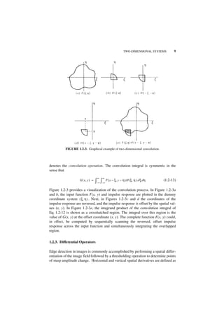TWO-DIMENSIONAL SYSTEMS     9




           FIGURE 1.2-3. Graphical example of two-dimensional convolution.



denotes the convolution operation. The convolution integral is symmetric in the
sense that

                                    ∞    ∞
                    G ( x, y ) =   ∫–∞ ∫–∞ F ( x – ξ, y – η )H ( ξ, η ) d ξ dη   (1.2-13)

Figure 1.2-3 provides a visualization of the convolution process. In Figure 1.2-3a
and b, the input function F(x, y) and impulse response are plotted in the dummy
coordinate system ( ξ, η ) . Next, in Figures 1.2-3c and d the coordinates of the
impulse response are reversed, and the impulse response is offset by the spatial val-
ues (x, y). In Figure 1.2-3e, the integrand product of the convolution integral of
Eq. 1.2-12 is shown as a crosshatched region. The integral over this region is the
value of G(x, y) at the offset coordinate (x, y). The complete function F(x, y) could,
in effect, be computed by sequentially scanning the reversed, offset impulse
response across the input function and simultaneously integrating the overlapped
region.


1.2.3. Differential Operators

Edge detection in images is commonly accomplished by performing a spatial differ-
entiation of the image field followed by a thresholding operation to determine points
of steep amplitude change. Horizontal and vertical spatial derivatives are defined as
 