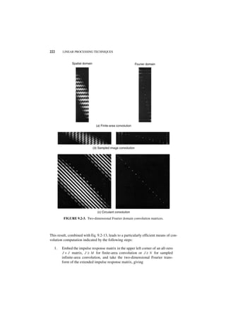 222     LINEAR PROCESSING TECHNIQUES


               Spatial domain                                   Fourier domain




                                  (a) Finite-area convolution




                                (b) Sampled image convolution




                                   (c) Circulant convolution

         FIGURE 9.2-3. Two-dimensional Fourier domain convolution matrices.



This result, combined with Eq. 9.2-13, leads to a particularly efficient means of con-
volution computation indicated by the following steps:

   1.   Embed the impulse response matrix in the upper left corner of an all-zero
        J × J matrix, J ≥ M for finite-area convolution or J ≥ N for sampled
        infinite-area convolution, and take the two-dimensional Fourier trans-
        form of the extended impulse response matrix, giving
 