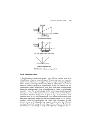 CONTRAST MANIPULATION       245




                             (a) Linear image scaling




                       (b) Linear image scaling with clipping




                            (c) Absolute value scaling

                       FIGURE 10.1-2. Image scaling methods.


10.1.1. Amplitude Scaling

A digitally processed image may occupy a range different from the range of the
original image. In fact, the numerical range of the processed image may encompass
negative values, which cannot be mapped directly into a light intensity range. Figure
10.1-2 illustrates several possibilities of scaling an output image back into the
domain of values occupied by the original image. By the first technique, the pro-
cessed image is linearly mapped over its entire range, while by the second technique,
the extreme amplitude values of the processed image are clipped to maximum and
minimum limits. The second technique is often subjectively preferable, especially
for images in which a relatively small number of pixels exceed the limits. Contrast
enhancement algorithms often possess an option to clip a fixed percentage of the
amplitude values on each end of the amplitude scale. In medical image enhancement
applications, the contrast modification operation shown in Figure 10.2-2b, for a ≥ 0,
is called a window-level transformation. The window value is the width of the linear
slope, b – a; the level is located at the midpoint c of the slope line. The third
technique of amplitude scaling, shown in Figure 10.1-2c, utilizes an absolute value
transformation for visualizing an image with negatively valued pixels. This is a
 