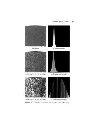 CONTRAST MANIPULATION             247




             (a) Original                      (b) Original histogram




 (c) Min. clip = 0.17, max. clip = 0.64     (d) Enhancement histogram




 (e) Min. clip = 0.24, max. clip = 0.35     (f) Enhancement histogram

FIGURE 10.1-4. Window-level contrast stretching of an earth satellite image.
 
