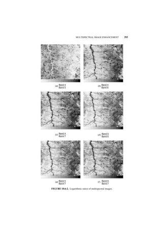 MULTISPECTRAL IMAGE ENHANCEMENT       293




   (a) Band 4                               (b ) Band 4
       Band 5                                    Band 6




   (c) Band 4                               (d ) Band 5
       Band 7                                    Band 6




   (e) Band 5                               (f ) Band 6
       Band 7                                    Band 7

FIGURE 10.6-2. Logarithmic ratios of multispectral images.
 
