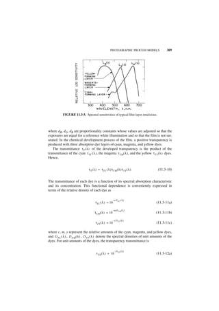 PHOTOGRAPHIC PROCESS MODELS            309




           FIGURE 11.3-5. Spectral sensitivities of typical film layer emulsions.



where dR, dG, dB are proportionality constants whose values are adjusted so that the
exposures are equal for a reference white illumination and so that the film is not sat-
urated. In the chemical development process of the film, a positive transparency is
produced with three absorptive dye layers of cyan, magenta, and yellow dyes.
   The transmittance τT ( λ ) of the developed transparency is the product of the
transmittance of the cyan τTC ( λ ), the magenta τ TM ( λ ), and the yellow τ TY ( λ ) dyes.
Hence,


                              τ T ( λ ) = τ TC ( λ )τTM ( λ )τ TY ( λ )             (11.3-10)


The transmittance of each dye is a function of its spectral absorption characteristic
and its concentration. This functional dependence is conveniently expressed in
terms of the relative density of each dye as

                                                      – cD NC ( λ )
                                    τ TC ( λ ) = 10                              (11.3-11a)

                                                     – mD NM ( λ )
                                   τTM ( λ ) = 10                                (11.3-11b)

                                                      – yD NY ( λ )
                                    τTY ( λ ) = 10                               (11.3-11c)

where c, m, y represent the relative amounts of the cyan, magenta, and yellow dyes,
and D NC ( λ ) , D NM ( λ ) , D NY ( λ ) denote the spectral densities of unit amounts of the
dyes. For unit amounts of the dyes, the transparency transmittance is

                                                       – D TN ( λ )
                                     τTN ( λ ) = 10                              (11.3-12a)
 