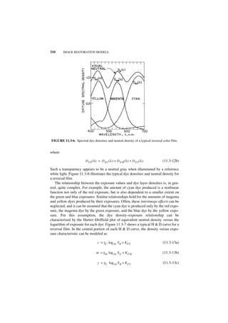 310     IMAGE RESTORATION MODELS




FIGURE 11.3-6. Spectral dye densities and neutral density of a typical reversal color film.


where

                        D TN ( λ ) = D NC ( λ ) + D NM ( λ ) + D NY ( λ )       (11.3-12b)

Such a transparency appears to be a neutral gray when illuminated by a reference
white light. Figure 11.3-6 illustrates the typical dye densities and neutral density for
a reversal film.
   The relationship between the exposure values and dye layer densities is, in gen-
eral, quite complex. For example, the amount of cyan dye produced is a nonlinear
function not only of the red exposure, but is also dependent to a smaller extent on
the green and blue exposures. Similar relationships hold for the amounts of magenta
and yellow dyes produced by their exposures. Often, these interimage effects can be
neglected, and it can be assumed that the cyan dye is produced only by the red expo-
sure, the magenta dye by the green exposure, and the blue dye by the yellow expo-
sure. For this assumption, the dye density–exposure relationship can be
characterized by the Hurter–Driffield plot of equivalent neutral density versus the
logarithm of exposure for each dye. Figure 11.3-7 shows a typical H & D curve for a
reversal film. In the central portion of each H & D curve, the density versus expo-
sure characteristic can be modeled as

                                  c = γ C log 10 X R + K FC                     (11.3-13a)

                                 m = γ M log 10 X G + K FM                      (11.3-13b)

                                  y = γY log 10 X B + K FY                      (11.3-13c)
 