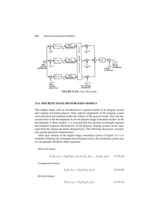 312     IMAGE RESTORATION MODELS




                              FIGURE 11.3-8. Color film model.



11.4. DISCRETE IMAGE RESTORATION MODELS

This chapter began with an introduction to a general model of an imaging system
and a digital restoration process. Next, typical components of the imaging system
were described and modeled within the context of the general model. Now, the dis-
cussion turns to the development of several discrete image restoration models. In the
development of these models, it is assumed that the spectral wavelength response
and temporal response characteristics of the physical imaging system can be sepa-
rated from the spatial and point characteristics. The following discussion considers
only spatial and point characteristics.
   After each element of the digital image restoration system of Figure 11.1-1 is
modeled, following the techniques described previously, the restoration system may
be conceptually distilled to three equations:

   Observed image:

             F S ( m 1, m 2 ) = O M { F I ( n 1, n 2 ), N 1 ( m 1, m 2 ), …, N N ( m 1, m 2 ) }   (11.4-1a)

   Compensated image:

                                FK ( k 1, k 2 ) = O R { F S ( m 1, m 2 ) }                        (11.4-1b)

   Restored image:
                                 ˆ
                                 F I ( n 1, n 2 ) = O D { F K ( k 1, k 2 ) }                      (11.4-1c)
 