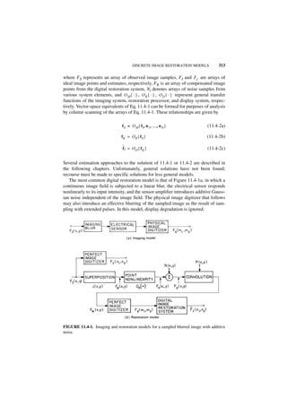 DISCRETE IMAGE RESTORATION MODELS              313

                                                                         ˆ
where FS represents an array of observed image samples, FI and F I are arrays of
ideal image points and estimates, respectively, FK is an array of compensated image
points from the digital restoration system, Ni denotes arrays of noise samples from
various system elements, and O M { · } , O R { · } , O D { · } represent general transfer
functions of the imaging system, restoration processor, and display system, respec-
tively. Vector-space equivalents of Eq. 11.4-1 can be formed for purposes of analysis
by column scanning of the arrays of Eq. 11.4-1. These relationships are given by

                                f S = O M { f I, n 1, …, n N }                 (11.4-2a)

                               fK = OR { fS }                                  (11.4-2b)

                                ˆ = O {f }
                                fI                                             (11.4-2c)
                                     D K


Several estimation approaches to the solution of 11.4-1 or 11.4-2 are described in
the following chapters. Unfortunately, general solutions have not been found;
recourse must be made to specific solutions for less general models.
   The most common digital restoration model is that of Figure 11.4-1a, in which a
continuous image field is subjected to a linear blur, the electrical sensor responds
nonlinearly to its input intensity, and the sensor amplifier introduces additive Gauss-
ian noise independent of the image field. The physical image digitizer that follows
may also introduce an effective blurring of the sampled image as the result of sam-
pling with extended pulses. In this model, display degradation is ignored.




FIGURE 11.4-1. Imaging and restoration models for a sampled blurred image with additive
noise.
 