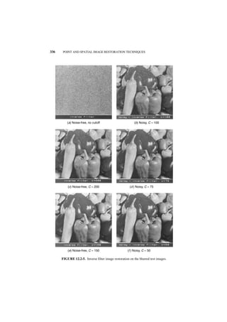 336   POINT AND SPATIAL IMAGE RESTORATION TECHNIQUES




         (a) Noise-free, no cutoff                        (b) Noisy, C = 100




          (c) Noise-free, C = 200                     (d ) Noisy, C = 75




          (e) Noise-free, C = 150                    (f ) Noisy, C = 50

      FIGURE 12.2-5. Inverse filter image restoration on the blurred test images.
 
