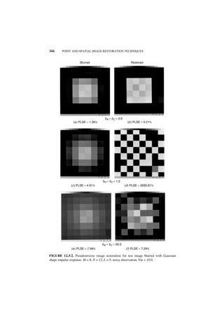 344     POINT AND SPATIAL IMAGE RESTORATION TECHNIQUES


                    Blurred                              Restored




                                     bR = bC = 0.6
               (a ) PLSE = 1.30%                       (b ) PLSE = 0.21%




                                   bR = bC = 1.2
              (c ) PLSE = 4.91%                      (d ) PLSE = 2695.81%




                                   bR = bC = 50.0
              (e ) PLSE = 7.99%                       (f ) PLSE = 7.29%

FIGURE 12.3-2. Pseudoinverse image restoration for test image blurred with Gaussian
shape impulse response. M = 8, N = 12, L = 5; noisy observation, Var = 10.0.
 