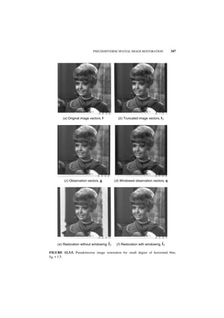 PSEUDOINVERSE SPATIAL IMAGE RESTORATION                347




        (a ) Original image vectors, f          (b ) Truncated image vectors, fT




         (c ) Observation vectors, g          (d ) Windowed observation vectors, q




                                         ^                                      ^
     (e ) Restoration without windowing, fT    (f ) Restoration with windowing, fT

FIGURE 12.3-5. Pseudoinverse image restoration for small degree of horizontal blur,
bR = 1.5.
 