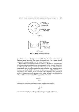 BINARY IMAGE SHRINKING, THINNING, SKELETONIZING, AND THICKENING                   419




                                        (a) Circle




                                      (b) Rectangle

                        FIGURE 14.3-6. Medial axis transforms.



possible to reconstruct the object boundary. The object boundary is determined by
the union of a set of circular disks formed by circumscribing a circle whose radius is
the quench distance at each point of the medial axis skeleton.
    A reasonably close approximation to the medial axis skeleton can be implemented
by a slight variation of the conditional marking implementation shown in Figure 14.3-
1. In this approach, an image is iteratively eroded using conditional and unconditional
mark patterns until no further erosion occurs. The conditional mark patterns for skele-
tonization are listed in Table 14.3-1 under the table indicator K. Table 14.3-3 lists the
unconditional mark patterns. At the conclusion of the last iteration, it is necessary to
perform a single iteration of bridging as defined by Eq. 14.2-4 to restore connectivity,
which will be lost whenever the following pattern is encountered:

                                     1 11 11
                                        1 111 1

Inhibiting the following mark pattern created by the bit pattern above:

                                          MM
                                        M M

will prevent elliptically shaped objects from being improperly skeletonized.
 