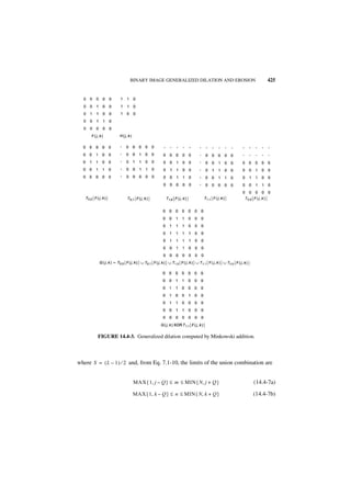 BINARY IMAGE GENERALIZED DILATION AND EROSION              425




         FIGURE 14.4-3. Generalized dilation computed by Minkowski addition.



where S = ( L – 1 ) ⁄ 2 and, from Eq. 7.1-10, the limits of the union combination are


                        MAX { 1, j – Q } ≤ m ≤ MIN { N, j + Q }             (14.4-7a)
                        MAX { 1, k – Q } ≤ n ≤ MIN { N, k + Q }             (14.4-7b)
 