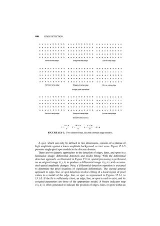 446      EDGE DETECTION




            FIGURE 15.1-3. Two-dimensional, discrete domain edge models.



    A spot, which can only be defined in two dimensions, consists of a plateau of
high amplitude against a lower amplitude background, or vice versa. Figure 15.1-5
presents single-pixel spot models in the discrete domain.
    There are two generic approaches to the detection of edges, lines, and spots in a
luminance image: differential detection and model fitting. With the differential
detection approach, as illustrated in Figure 15.1-6, spatial processing is performed
on an original image F ( j, k ) to produce a differential image G ( j, k ) with accentu-
ated spatial amplitude changes. Next, a differential detection operation is executed
to determine the pixel locations of significant differentials. The second general
approach to edge, line, or spot detection involves fitting of a local region of pixel
values to a model of the edge, line, or spot, as represented in Figures 15.1-1 to
15.1-5. If the fit is sufficiently close, an edge, line, or spot is said to exist, and its
assigned parameters are those of the appropriate model. A binary indicator map
E ( j, k ) is often generated to indicate the position of edges, lines, or spots within an
 