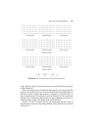 EDGE, LINE, AND SPOT MODELS           447




             FIGURE 15.1-4. Two-dimensional, discrete domain line models.




image. Typically, edge, line, and spot locations are specified by black pixels against
a white background.
   There are two major classes of differential edge detection: first- and second-order
derivative. For the first-order class, some form of spatial first-order differentiation is
performed, and the resulting edge gradient is compared to a threshold value. An
edge is judged present if the gradient exceeds the threshold. For the second-order
derivative class of differential edge detection, an edge is judged present if there is a
significant spatial change in the polarity of the second derivative.
   Sections 15.2 and 15.3 discuss the first- and second-order derivative forms of
edge detection, respectively. Edge fitting methods of edge detection are considered
in Section 15.4.
 
