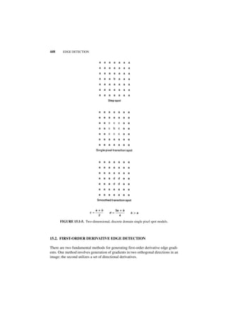 448     EDGE DETECTION




      FIGURE 15.1-5. Two-dimensional, discrete domain single pixel spot models.



15.2. FIRST-ORDER DERIVATIVE EDGE DETECTION

There are two fundamental methods for generating first-order derivative edge gradi-
ents. One method involves generation of gradients in two orthogonal directions in an
image; the second utilizes a set of directional derivatives.
 