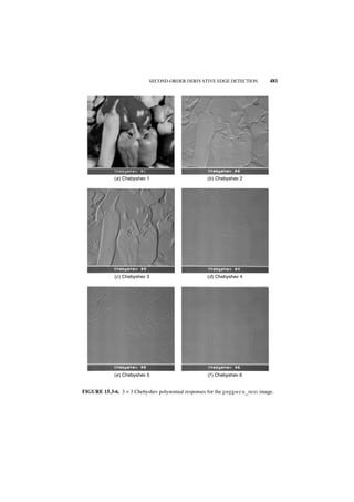 SECOND-ORDER DERIVATIVE EDGE DETECTION          481




             (a ) Chebyshev 1                     (b ) Chebyshev 2




             (c ) Chebyshev 3                     (d ) Chebyshev 4




             (e ) Chebyshev 5                      (f ) Chebyshev 6


FIGURE 15.3-6. 3 × 3 Chebyshev polynomial responses for the peppers_mon image.
 