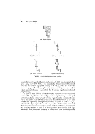492     EDGE DETECTION




                    FIGURE 15.5-10. Indications of edge location.


a vertical detected edge offset by one pixel becomes R = 0.90, and a two-pixel offset
gives a rating of R = 0.69. With a = 1 , a smeared edge of three pixels width centered
                                     -
                                     -
                                     9
about the true vertical edge yields a rating of R = 0.93, and a five-pixel-wide
smeared edge gives R = 0.84. A higher rating for a smeared edge than for an offset
edge is reasonable because it is possible to thin the smeared edge by morphological
postprocessing.
   The figure-of-merit criterion described above has been applied to the assessment
of some of the edge detectors discussed previously, using a test image consisting of
a 64 × 64 pixel array with a vertically oriented edge of variable contrast and slope
placed at its center. Independent Gaussian noise of standard deviation σ n has been
                                                                                     2
added to the edge image. The signal-to-noise ratio is defined as SNR = ( h ⁄ σ n ) ,
where h is the edge height scaled over the range 0.0 to 1.0. Because the purpose of
the testing is to compare various edge detection methods, for fairness it is important
that each edge detector be tuned to its best capabilities. Consequently, each edge
detector has been permitted to train both on random noise fields without edges and
 