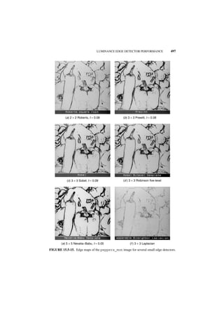 LUMINANCE EDGE DETECTOR PERFORMANCE            497




           (a) 2 × 2 Roberts, t = 0.08           (b) 3 × 3 Prewitt, t = 0.08




            (c) 3 × 3 Sobel, t = 0.09            (d ) 3 × 3 Robinson five-level




        (e) 5 × 5 Nevatia−Babu, t = 0.05              (f ) 3 × 3 Laplacian

FIGURE 15.5-15. Edge maps of the peppers_mon image for several small edge detectors.
 