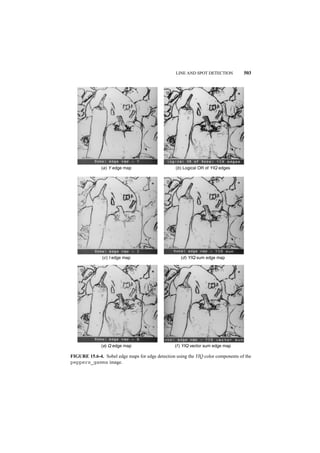 LINE AND SPOT DETECTION          503




              (a ) Y edge map                     (b ) Logical OR of YIQ edges




               (c ) I edge map                       (d ) YIQ sum edge map




              (e) Q edge map                      (f ) YIQ vector sum edge map

FIGURE 15.6-4. Sobel edge maps for edge detection using the YIQ color components of the
peppers_gamma image.
 