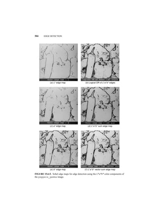 504     EDGE DETECTION




              (a ) L* edge map                  (b ) Logical OR of L*a *b * edges




              (c ) a * edge map                    (d ) L*a *b * sum edge map




              (e ) b * edge map                 (f ) L*a *b * vector sum edge map

FIGURE 15.6-5. Sobel edge maps for edge detection using the L*a*b* color components of
the peppers_gamma image.
 