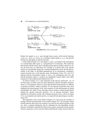 40       PSYCHOPHYSICAL VISION PROPERTIES




                                FIGURE 2.5-1 Color vision model.



Finally, the signals d 1, d 2, d 3 pass through linear systems with transfer functions
H 1 ( ω x, ω y ) , H 2 ( ω x, ω y ) , H 3 ( ω x, ω y ) to produce output signals g 1, g 2, g 3 that provide
the basis for perception of color by the brain.
    In the model of Figure 2.5-1, the signals d 2 and d 3 are related to the chromaticity
of a colored light while signal d 1 is proportional to its luminance. This model has
been found to predict many color vision phenomena quite accurately, and also to sat-
isfy the basic laws of colorimetry. For example, it is known that if the spectral
energy of a colored light changes by a constant multiplicative factor, the hue and sat-
uration of the light, as described quantitatively by its chromaticity coordinates,
remain invariant over a wide dynamic range. Examination of Eqs. 2.5-1 and 2.5-2
indicates that the chrominance signals d 2 and d 3 are unchanged in this case, and
that the luminance signal d 1 increases in a logarithmic manner. Other, more subtle
evaluations of the model are described by Frei (33).
    As shown in Figure 2.2-4, some indication of the spectral sensitivities s i ( λ ) of
the three types of retinal cones has been obtained by spectral absorption measure-
ments of cone pigments. However, direct physiological measurements are difficult
to perform accurately. Indirect estimates of cone spectral sensitivities have been
obtained from measurements of the color response of color-blind peoples by Konig
and Brodhun (34). Judd (35) has used these data to produce a linear transformation
relating the spectral sensitivity functions s i ( λ ) to spectral tristimulus values
obtained by colorimetric testing. The resulting sensitivity curves, shown in Figure
2.5-2, are unimodal and strictly positive, as expected from physiological consider-
ations (34).
    The logarithmic color vision model of Figure 2.5-1 may easily be extended, in
analogy with the monochromatic vision model of Figure 2.4-7, by inserting a linear
transfer function after each cone receptor to account for the optical response of the
eye. Also, a general nonlinearity may be substituted for the logarithmic transfer
function. It should be noted that the order of the receptor summation and the transfer
function operations can be reversed without affecting the output, because both are
 