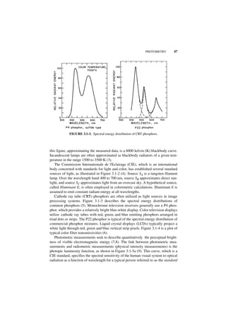 PHOTOMETRY          47




             FIGURE 3.1-3. Spectral energy distribution of CRT phosphors.



this figure, approximating the measured data, is a 6000 kelvin (K) blackbody curve.
Incandescent lamps are often approximated as blackbody radiators of a given tem-
perature in the range 1500 to 3500 K (3).
    The Commission Internationale de l'Eclairage (CIE), which is an international
body concerned with standards for light and color, has established several standard
sources of light, as illustrated in Figure 3.1-2 (4). Source SA is a tungsten filament
lamp. Over the wavelength band 400 to 700 nm, source SB approximates direct sun-
light, and source SC approximates light from an overcast sky. A hypothetical source,
called Illuminant E, is often employed in colorimetric calculations. Illuminant E is
assumed to emit constant radiant energy at all wavelengths.
    Cathode ray tube (CRT) phosphors are often utilized as light sources in image
processing systems. Figure 3.1-3 describes the spectral energy distributions of
common phosphors (5). Monochrome television receivers generally use a P4 phos-
phor, which provides a relatively bright blue-white display. Color television displays
utilize cathode ray tubes with red, green, and blue emitting phosphors arranged in
triad dots or strips. The P22 phosphor is typical of the spectral energy distribution of
commercial phosphor mixtures. Liquid crystal displays (LCDs) typically project a
white light through red, green and blue vertical strip pixels. Figure 3.1-4 is a plot of
typical color filter transmissivities (6).
    Photometric measurements seek to describe quantitatively the perceptual bright-
ness of visible electromagnetic energy (7,8). The link between photometric mea-
surements and radiometric measurements (physical intensity measurements) is the
photopic luminosity function, as shown in Figure 3.1-5a (9). This curve, which is a
CIE standard, specifies the spectral sensitivity of the human visual system to optical
radiation as a function of wavelength for a typical person referred to as the standard
 