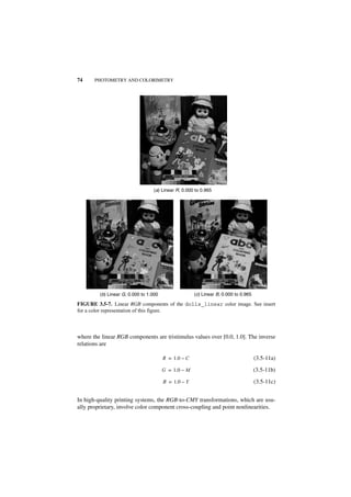 74     PHOTOMETRY AND COLORIMETRY




                                  (a) Linear R, 0.000 to 0.965




         (b) Linear G, 0.000 to 1.000                 (c) Linear B, 0.000 to 0.965

FIGURE 3.5-7. Linear RGB components of the dolls_linear color image. See insert
for a color representation of this figure.



where the linear RGB components are tristimulus values over [0.0, 1.0]. The inverse
relations are

                                        R = 1.0 – C                                  (3.5-11a)

                                        G = 1.0 – M                                  (3.5-11b)
                                        B = 1.0 – Y                                  (3.5-11c)


In high-quality printing systems, the RGB-to-CMY transformations, which are usu-
ally proprietary, involve color component cross-coupling and point nonlinearities.
 