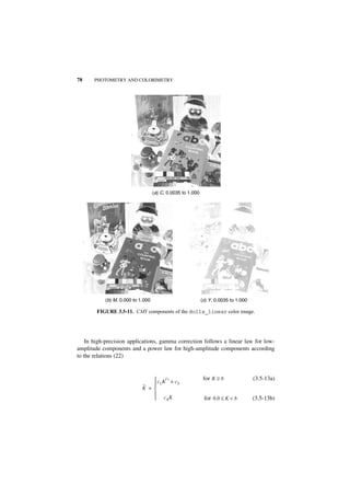 78     PHOTOMETRY AND COLORIMETRY




                                   (a) C, 0.0035 to 1.000




           (b) M, 0.000 to 1.000                            (c) Y, 0.0035 to 1.000

        FIGURE 3.5-11. CMY components of the dolls_linear color image.




    In high-precision applications, gamma correction follows a linear law for low-
amplitude components and a power law for high-amplitude components according
to the relations (22)



                                 c Kc 2 + c                 for K ≥ b               (3.5-13a)
                                   1         3
                            ˜ = 
                            K   
                                
                                 c4 K                       for 0.0 ≤ K < b         (3.5-13b)
 